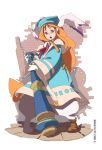  1girl :o animal_ears bazooka breath_of_fire breath_of_fire_iii copyright_name glasses hat long_hair momo_(breath_of_fire) mortarboard orange_hair pants red_eyes robe solo standing weapon yupii 