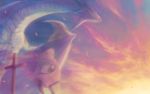  1girl artist_request cape clouds cross dragon fantasy gauntlets grave highres long_hair looking_away original petals sky sunrise tears 