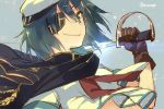  1girl aqua_hair brown_gloves bust cape eyepatch gloves green_eyes kantai_collection kiso_(kantai_collection) looking_at_viewer miz-capes necktie over_shoulder personification short_hair smile solo sword sword_over_shoulder twitter_username weapon weapon_over_shoulder 