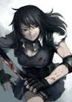  1girl black_hair blood blood_on_face bloody_clothes bloody_weapon breasts brown_eyes cleavage elbow_pads fingerless_gloves gloves hetza_(hellshock) long_hair machete original skirt solo weapon 