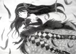  1girl akemi_homura akuma_homura argyle argyle_legwear bare_shoulders black_hair bow choker dress elbow_gloves feathers gloves hair_bow highres long_hair mahou_shoujo_madoka_magica mahou_shoujo_madoka_magica_movie monochrome simple_background smile solo spoilers thigh-highs white_background 