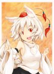  1girl animal_ears bare_shoulders detached_sleeves hat inubashiri_momiji kokutei_n looking_at_viewer midriff open_mouth pom_pom_(clothes) red_eyes short_hair silver_hair solo tail tokin_hat touhou wolf_ears wolf_tail 