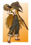  1girl adjusting_clothes adjusting_hat alternate_costume arm_up armpits bare_arms bare_shoulders blonde_hair braid broom brown_gloves chemise collarbone female gloves hat kirisame_marisa long_hair namakara_exe overalls single_braid solo touhou very_long_hair witch_hat yellow_eyes 