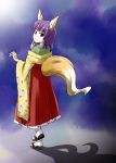  1girl animal_ears bob_cut fox_ears fox_tail hieda_no_akyuu japanese_clothes kimono kousei_(public_planet) looking_back solo tail touhou violet_eyes 