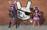  2girls :&lt; :3 ahoge animal animal_ears backpack bag belt black_boots bomb boots brick_wall bullet_hole candle cat_ears concrete dynamite eyepatch garter_straps glasses graffiti gun highres inaba_tewi long_hair looking_at_viewer multiple_girls pandawei purple_hair rabbit rabbit_ears red_eyes reisen_udongein_inaba rifle school_uniform shadow skirt sniper_rifle tagme touhou weapon 