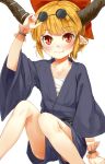  1girl alternate_costume alternate_hairstyle blonde_hair bow collarbone fang hair_bow hair_up highres horns ibuki_suika looking_at_viewer nishiuri pointy_ears red_eyes sarashi shorts simple_background sitting slit_pupils smile solo sunglasses sunglasses_on_head touhou white_background wrist_cuffs 