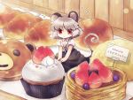  1girl :&gt; alternate_costume animal_ears biyon blouse blueberry bread croissant cupcake food fruit grey_hair jewelry looking_at_viewer melon_bread minigirl mouse_ears mouse_tail nazrin pendant puffy_short_sleeves puffy_sleeves red_eyes short_sleeves sign skirt smile solo sparkle strawberry tail touhou 