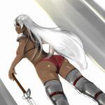  1girl ass black_eyes breasts dark_skin hand_on_hip large_breasts light_smile long_hair looking_at_viewer original silver_hair smile solo soranosuke sword thighs very_long_hair weapon 