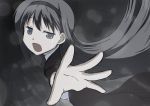  1girl akemi_homura black_hair crying crying_with_eyes_open funeral_dress hairband long_hair looking_at_viewer mahou_shoujo_madoka_magica mahou_shoujo_madoka_magica_movie open_mouth outstretched_arm simple_background solo spoilers tears violet_eyes 