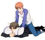  2boys brown_hair emiya_shirou fate/stay_night fate_(series) kotomine_kirei massage multiple_boys orange_hair pillow pinki_(shounenkakuseiya) 