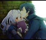  1boy 1girl blue_hair blush book fire_emblem fire_emblem:_kakusei forehead_kiss kiss krom long_hair my_unit robe silver_hair twintails 