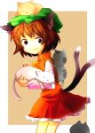  1girl :3 animal_ears animal_on_head bare_legs bow brown_background brown_eyes brown_hair cat cat_on_head cat_tail chen dress earrings hat holding jewelry multiple_tails no_nose red_dress short_hair simple_background smile solo tail touhou yuichiitan 