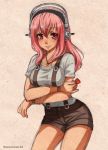  1girl breast_hold breasts headphones highres large_breasts long_hair looking_at_viewer nitroplus open_mouth pink_hair plectrum racoon-kun red_eyes smile solo super_sonico suspenders 