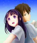  1boy 1girl b_(papiopine) back-to-back book brown_hair chitanda_eru couple green_eyes hyouka long_hair oreki_houtarou purple_hair school_uniform serafuku short_hair violet_eyes 