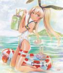  1girl adapted_costume ball beachball blonde_hair brown_eyes bucket gloves innertube kantai_collection kneeling long_hair mayo_riyo one-piece_swimsuit ponytail rensouhou-chan shimakaze_(kantai_collection) swimsuit 