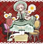  1girl arm_garter bare_shoulders chair couch dress flower frills green_eyes hair_ornament hair_ribbon hat highres kantai_collection lolita_fashion long_hair ponytail purple_hair ribbon solo thigh-highs white_legwear yura_(kantai_collection) 