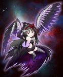  1girl akemi_homura akuma_homura argyle argyle_legwear bare_shoulders black_hair bow choker dress elbow_gloves feathered_wings from_above gloves hair_bow highres long_hair looking_at_viewer mahou_shoujo_madoka_magica mahou_shoujo_madoka_magica_movie smile solo space spoilers star_(sky) thigh-highs violet_eyes wings zettai_ryouiki 