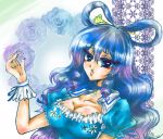  1girl amaya_minchi blue_dress blue_eyes blue_hair breasts bust choker cleavage collarbone dress eyelashes floral_background flower hair_ornament hair_rings hair_stick highres kaku_seiga large_breasts long_hair looking_at_viewer puffy_sleeves rose solo sparkle touhou wrist_cuffs 