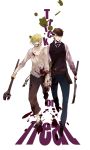  2boys anbiento baccano! blonde_hair blood blue_eyes brown_hair cleaver gloves graham_spector hair_over_one_eye highres holding_hands key multiple_boys shaft_(baccano) short_hair trick_or_treat wrench 