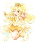  1girl ;d bike_shorts blonde_hair bow brooch cure_peace dress jewelry jumping kise_yayoi long_hair magical_girl one_eye_closed open_mouth precure princess_form_(smile_precure!) ratryu ribbon shoes shorts_under_skirt skirt smile smile_precure! solo tiara v white_background wink yellow yellow_dress yellow_eyes yellow_skirt 