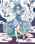  1girl :q amaya_minchi blue_dress blue_eyes blue_hair blue_shoes breasts cleavage collarbone colored_eyelashes dress eyelashes finger_to_mouth floral_background floral_print flower frilled_dress frills hair_ornament hair_rings hair_stick kaku_seiga large_breasts looking_at_viewer shawl slippers solo thigh_strap tongue touhou wrist_cuffs 
