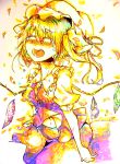  1girl absurdres arms_at_sides ascot closed_eyes crying crystal flandre_scarlet floating_hair gradient_clothes gradient_hair_color highres kneeling mob_cap open_mouth petals puffy_short_sleeves puffy_sleeves satoukouki short_hair short_sleeves side_ponytail solo tears touhou wings 