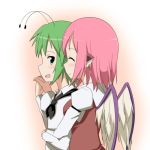  2girls :d ^_^ androgynous animal_ears antennae arm arm_around_waist bird_wings blush breasts cato_(monocatienus) closed_eyes collared_shirt couple earrings flat_chest green_eyes green_hair holding_hands interlocked_fingers jewelry juliet_sleeves long_sleeves looking_at_another looking_back multiple_girls mystia_lorelei no_hat open_mouth pink_hair puffy_sleeves ribbon short_hair single_earring smile touhou vest wriggle_nightbug yuri 