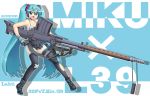  1girl 39 anti-materiel_rifle aqua_eyes aqua_hair bandaid bikini_top bipod character_name fang gloves gun hase_yu hatsune_miku headset huge_weapon lahti_l-39 long_hair open_mouth oversized_object rifle skirt solo thigh-highs torn_clothes torn_thighhighs twintails very_long_hair vocaloid weapon 