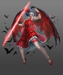  1girl bat bat_wings blue_hair dress ears frilled_dress frilled_skirt frills frown grey_background gungnir_(weapon) highres lightning lolita_fashion nail no_pupils open_mouth pandawei pointy_ears red_nails red_shoes remilia_scarlet ribbon shoes skirt solo spear_the_gungnir teeth tongue touhou weapon white_eyes wings wrist_cuffs 