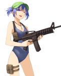  1girl :p blue_eyes blue_hair gun hair_bobbles hair_ornament hat kawashiro_nitori key kurione_(zassou) looking_at_viewer m4_carbine one-piece_swimsuit one_eye_closed rifle short_hair smile solo swimsuit tongue touhou trigger_discipline twintails weapon wink 