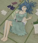  1girl barefoot blue_dress blue_eyes blue_hair book breasts cleavage collarbone dress flower hair_ornament hair_rings hair_stick hand_on_own_chest kaku_seiga large_breasts lying messy_hair nail_polish on_back open_book scroll smile solo squall_(artist) tatami touhou 