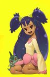  1girl axew blush brown_eyes coon dark_skin highres iris_(pokemon) long_hair looking_at_viewer pokemon pokemon_(game) pokemon_bw purple_hair smile solo theft two_side_up very_long_hair 