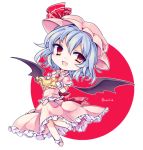  1girl :d bat_wings blue_hair character_name chibi fang hands_on_own_chest hat open_mouth orange_eyes remilia_scarlet short_hair simple_background smile solo tagme touhou two-tone_background white_background wings yukimiya_(parupunta) 