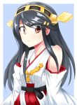  1girl bare_shoulders black_hair breasts brown_eyes detached_sleeves hair_ornament hairband hairclip haruna_(kantai_collection) hikyakuashibi japanese_clothes kantai_collection long_hair nontraditional_miko personification skirt 