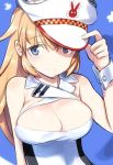  1girl bare_shoulders blue_eyes blush breasts charlotte_e_yeager cleavage_cutout hat_tip long_hair looking_at_viewer lowres orange_hair shimada_fumikane smile solo strike_witches 