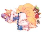  2girls animal_ears barefoot blonde_hair blush brown_hair cat_ears cat_tail chen colored_pencil_(medium) fox_ears fox_tail hat jewelry lying multiple_girls multiple_tails on_side ribbon short_hair simple_background single_earring sleeping stuffed_toy tabard tail tail_ribbon terajin touhou traditional_media white_background yakumo_ran 
