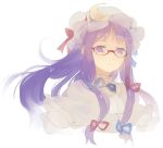  1girl bespectacled bust capelet crescent glasses hair_ribbon hat long_sleeves looking_at_viewer patchouli_knowledge purple_hair ribbon shihou_(g-o-s) simple_background solo touhou tress_ribbon violet_eyes white_background 