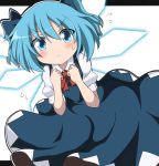  1girl :c alternate_hairstyle blue_dress blue_eyes blue_hair blush bow cirno commentary_request do_(4-rt) dress flying_sweatdrops hair_bow ice ice_wings letterboxed looking_at_viewer puffy_short_sleeves puffy_sleeves shirt short_sleeves solo sweatdrop touhou twintails wings 