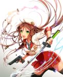  1girl :d beret brown_hair bullet_casing green_eyes gun hat looking_at_viewer murakami_yuichi open_mouth original school_uniform smile solo sword thigh-highs weapon 