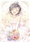  aidumi black_hair bouquet dress earrings flower idolmaster jewelry kikuchi_makoto necklace short_hair smile veil wedding_dress 