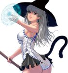  1girl ass blue_eyes breasts cat_tail earrings hat jewelry lips long_hair magic_circle masao panties parted_lips silver_hair simple_background solo tail underwear white_background witch_hat 