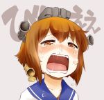  1girl blush brown_eyes brown_hair crying crying_with_eyes_open hair_ornament kantai_collection nagian open_mouth personification sailor_dress saliva short_hair snot solo tears yukikaze_(kantai_collection) 