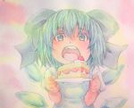  1girl acrylic_paint_(medium) blue_eyes blue_hair bow bust cake cirno dress food fruit giving gradient gradient_background graphite_(medium) hair_bow highres looking_at_viewer open_mouth plate puffy_short_sleeves puffy_sleeves short_hair short_sleeves solo strawberry touhou traditional_media watercolor_(medium) wings yuyu_(00365676) 