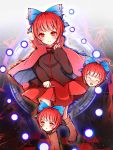  1girl artist_name blush boots bow cape danmaku disembodied_head hair_bow highres itohime long_sleeves looking_at_viewer magic_circle open_mouth red_eyes redhead sekibanki short_hair skirt smile solo touhou 