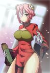  1girl alternate_costume alternate_hairstyle altronage bandages breasts china_dress chinese_clothes cleavage eyepatch hairpods ibaraki_kasen large_breasts pink_eyes pink_hair scroll short_hair side_slit smile solo thighs touhou 