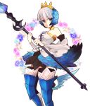  1girl armor armored_dress blue_eyes boots crown dress expressionless feathers floral_background gloves greaves gwendolyn nttusksk odin_sphere polearm short_hair skirt solo spear strapless_dress thigh-highs thigh_boots weapon white_hair 