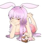  1girl animal_ears breasts character_doll cleavage dekapoi hand_on_own_chin inaba_tewi long_hair lying purple_hair rabbit_ears red_eyes reisen_udongein_inaba smile solo touhou 