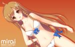  1girl ahoge artist_name bikini braid breasts brown_eyes brown_hair character_name cleavage culture_japan hand_on_hip highres long_hair navel open_mouth orange_background shirahane_nao smile solo suenaga_mirai swimsuit twin_braids wallpaper white_bikini white_swimsuit 