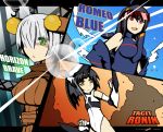 3girls altronage arm_blade black_hair breasts character_name detached_sleeves elbow_gloves eyecatch flat_chest gloves green_eyes hair_over_one_eye horizon_brave large_breasts leotard long_hair mecha_musume multiple_girls pacific_rim parody personification red_eyes ribbed_sweater romeo_blue silver_hair style_parody sweater tacit_ronin tengen_toppa_gurren_lagann turtleneck visor weapon 