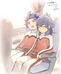  2boys blue_hair bus bus_interior closed_eyes drooling earphones inazuma_eleven_(series) inazuma_eleven_go inazuma_eleven_go_galaxy kishibe_taiga long_hair male mizuhara_aki motor_vehicle multiple_boys open_mouth resistance_japan scarf shared_scarf sitting sleeping track_jacket vehicle yukimura_hyouga 